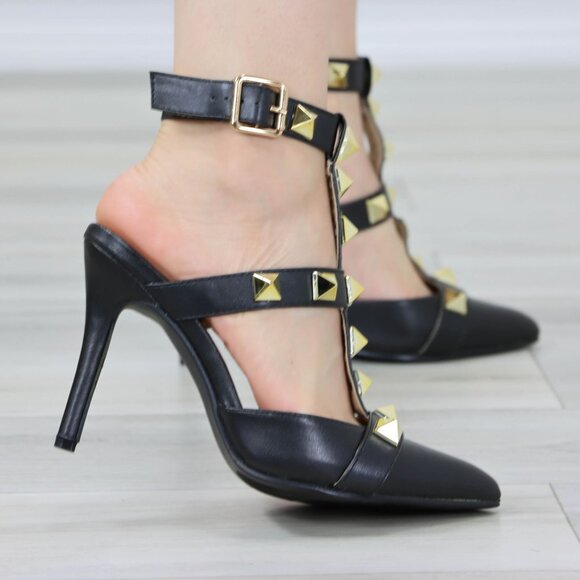 Black Pointed Toe High Heels Trendy Gold Studs Ankle Strap Stiletto's - Picture 11 of 13